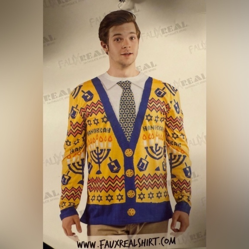 NEW NWT Faux Real Hanukkah Ugly Sweater Shirt XL Photorealistic Cardigan & Tie